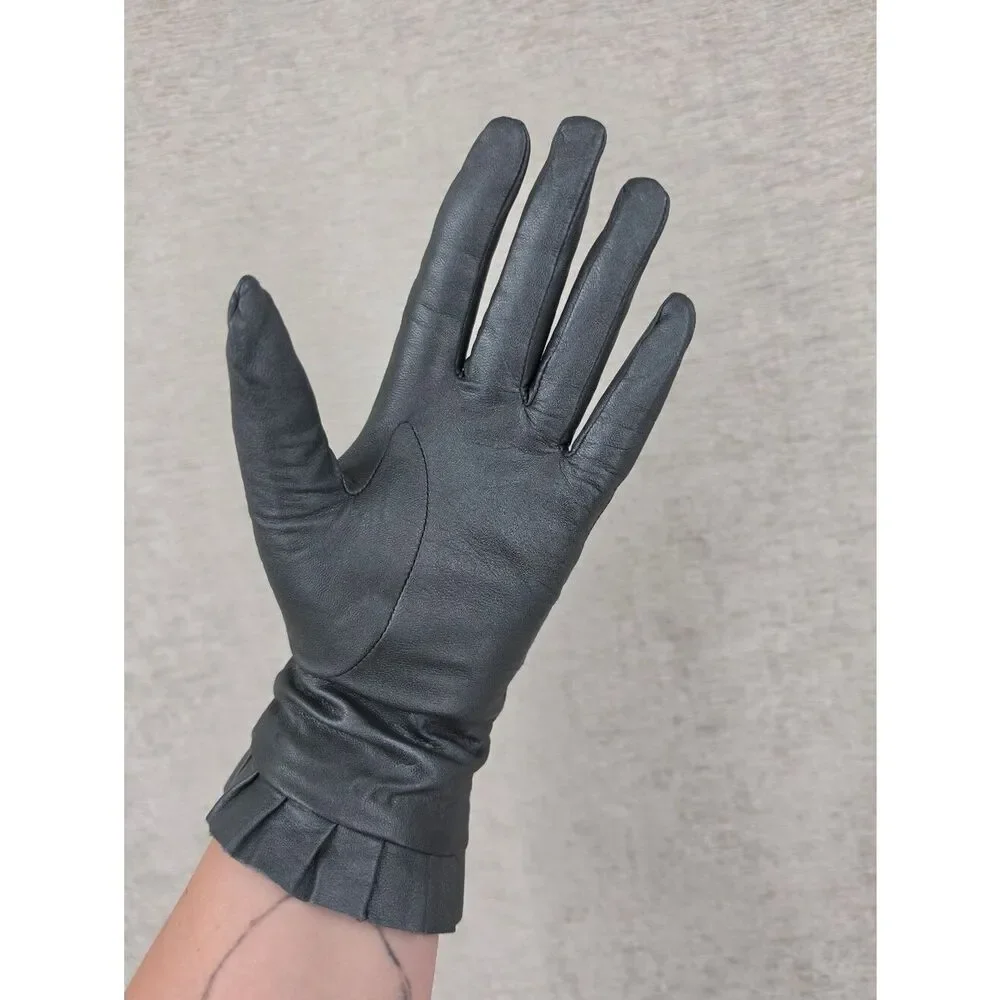Mixit Metallic Gray Leather Driving Dress Gloves with Pleated Cuff